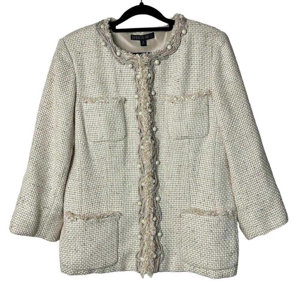Lafayette 148 New York Blazer Jacket Tweed Fringe Bead Preppy Silk Beige Tan 14